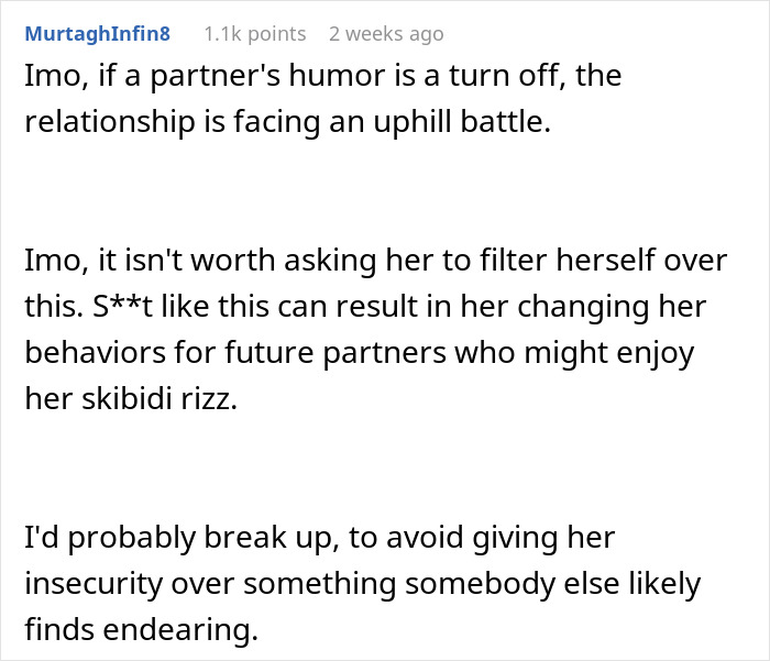 Text post discussing relationship challenges due to humor being a turn off.