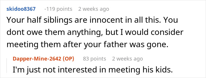 Reddit comment discussion about taking care of a deadbeat father's affair family.