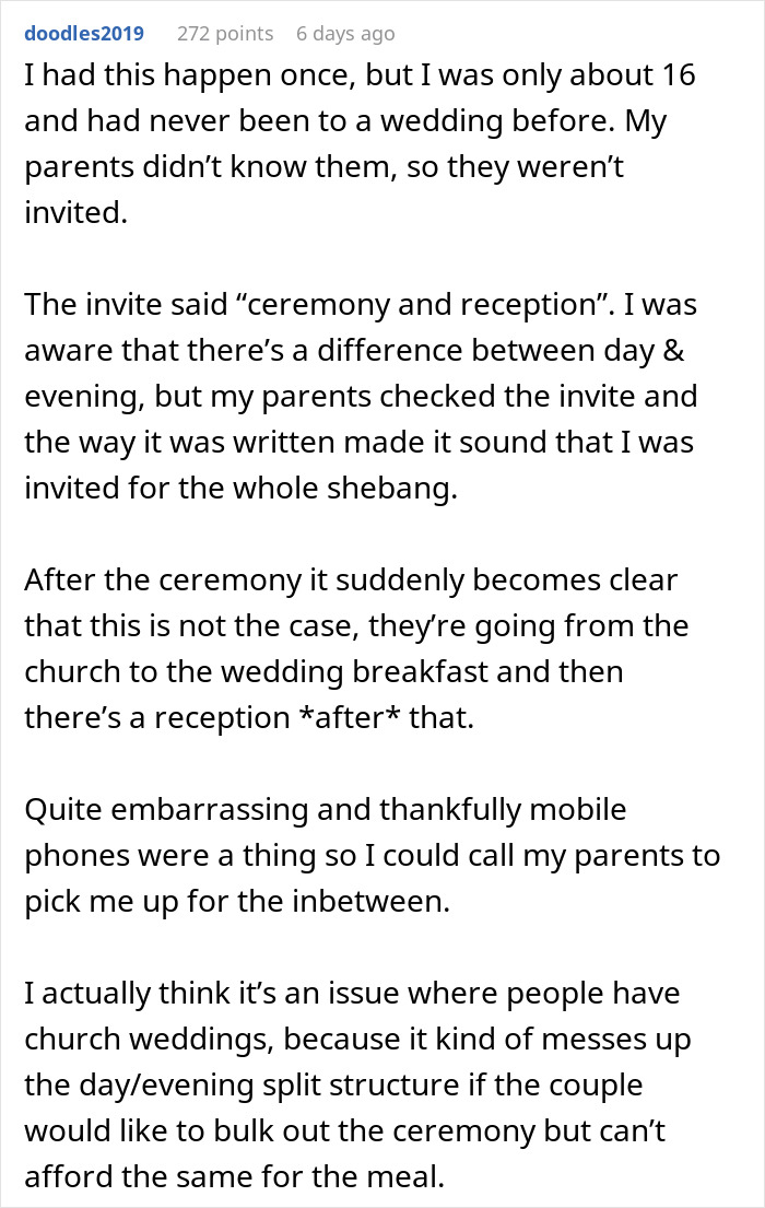 Text about woman excluded from wedding dinner despite attending the ceremony and reception.