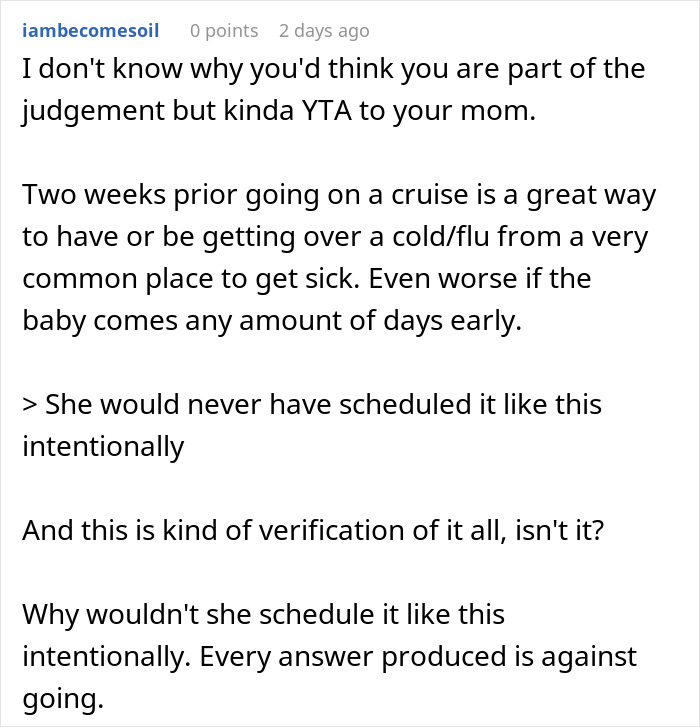 Comment discussing cruise timing and potential early birth concerns.