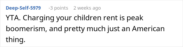 Comment criticizing a mom asking adult children to pay rent, calling it peak boomerism.