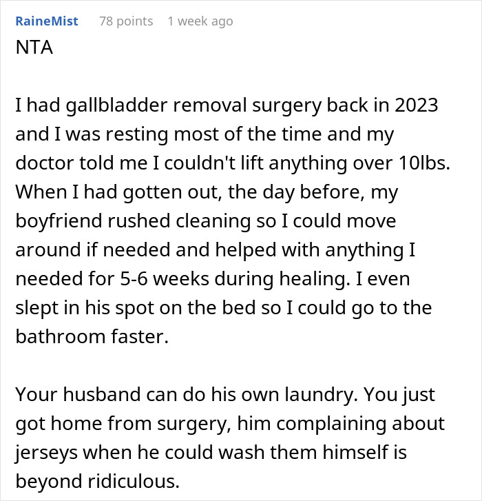 Online comment about a husband complaining over laundry after wife returned home from surgery, sparking frustration.