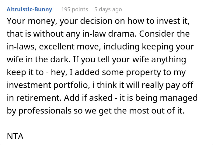 Reddit comment discussing buying property without informing a partner to avoid in-law drama.