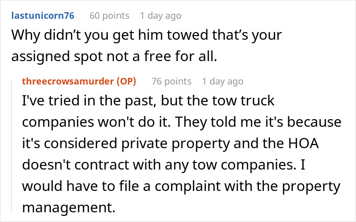 Reddit conversation about a realtor parked in a private spot, discussing towing issues and HOA policies.