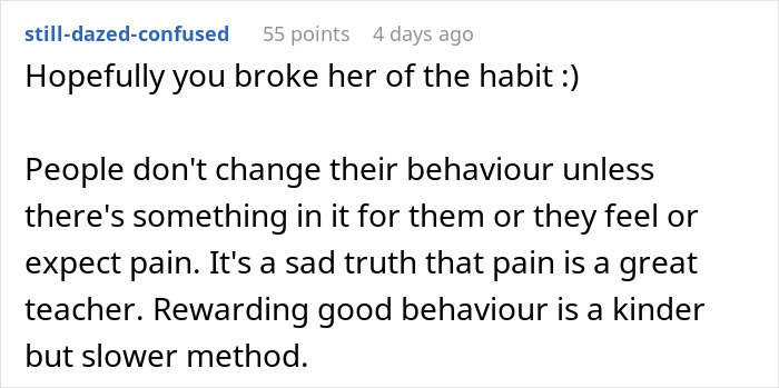 Reddit comment discussing behavior change and pain as a teacher.