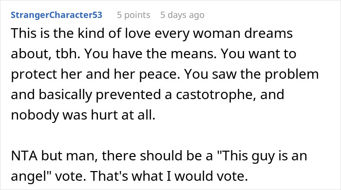 Text comment praising a partner's secret action to prevent in-laws from living close by, calling them an "angel.