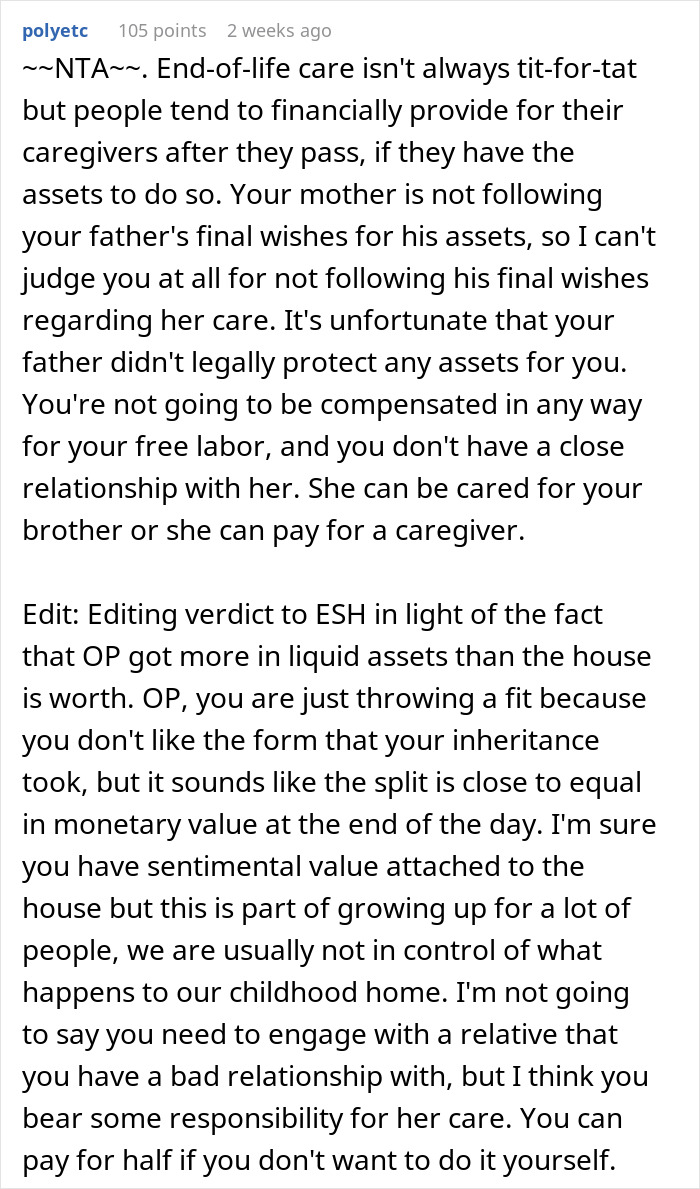 Reddit comment discussing a woman whose mother will leave most assets to her brother and the implications on their relationship.