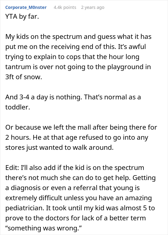 Reddit comment discussing toddler tantrums, autism, and parenting challenges related to CPS involvement.