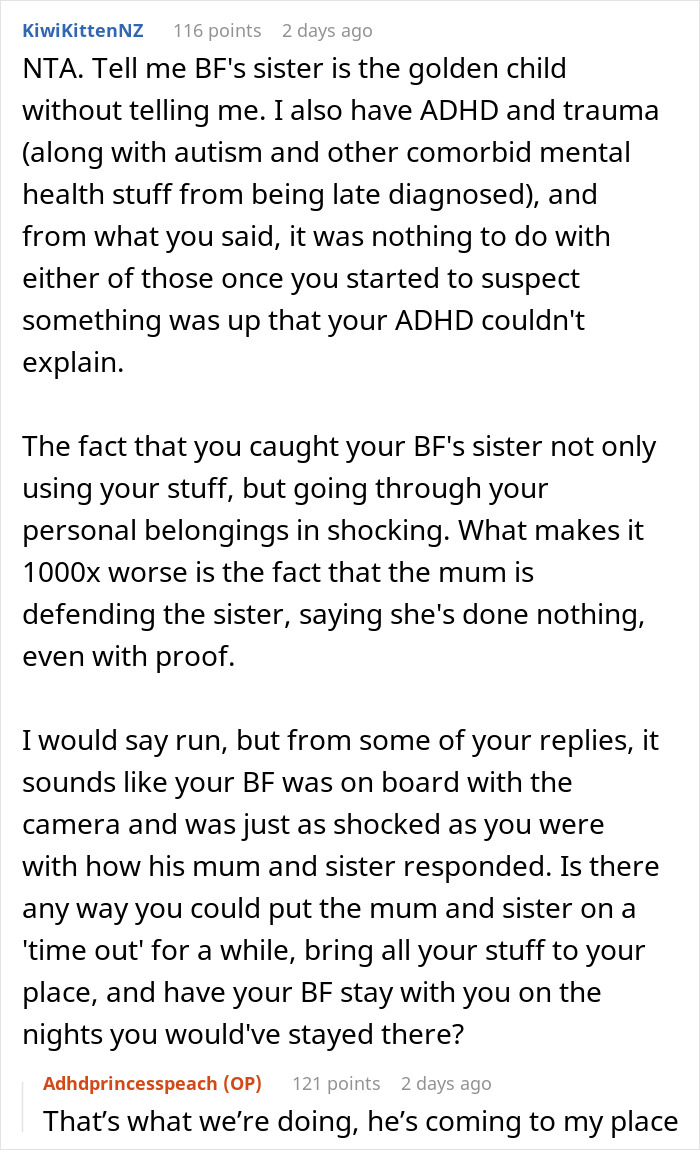 Reddit comments discussing evidence of boyfriend's sister stealing, with users sharing advice and experiences.