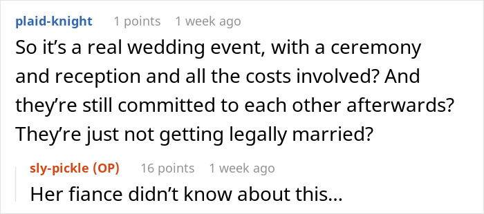 Text exchange discussing a fake wedding event.