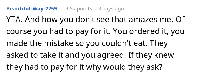 Reddit comment criticizing a woman for not paying for a meal her friends took home.