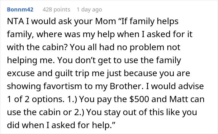 User comment discussing fairness and family obligations about the family cabin.