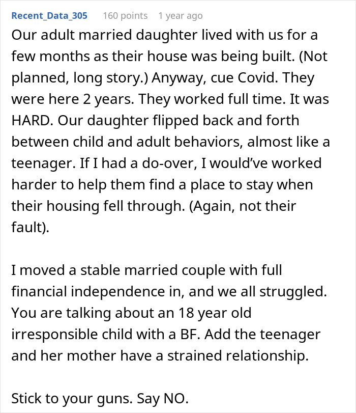 Text discussing an 18-year-old moving out to live with her boyfriend and later begging her stepdad for assistance.