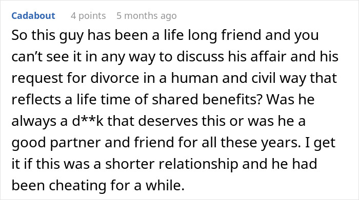 A comment discussing divorce and affair in a lengthy relationship.