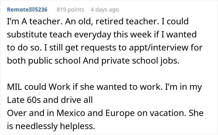 Text post discussing a retired teacher's experiences and opinions about a MIL's work ethic.