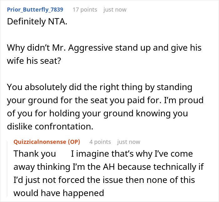 Reddit users discuss a scenario involving a man insisting a stranger give up their prepaid train seat for his pregnant wife.