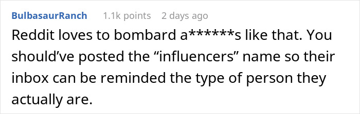 Reddit comment discussing an influencer demanding a free painting and extra payment.