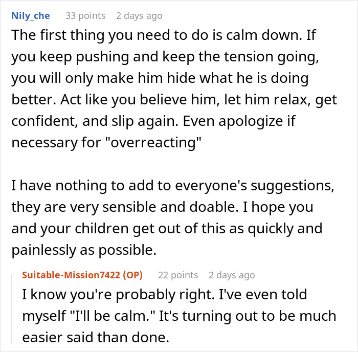 Reddit comments discussing husband denying leaving children alone, advice given to calm the situation.