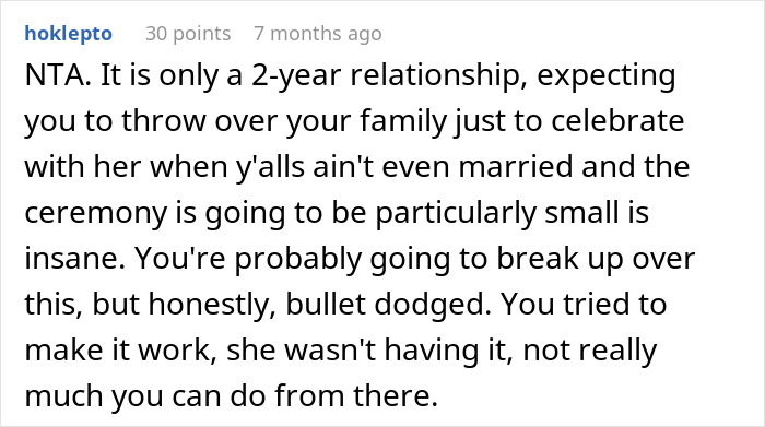 Comment discussing relationship ultimatum regarding a birthday party attendance decision.