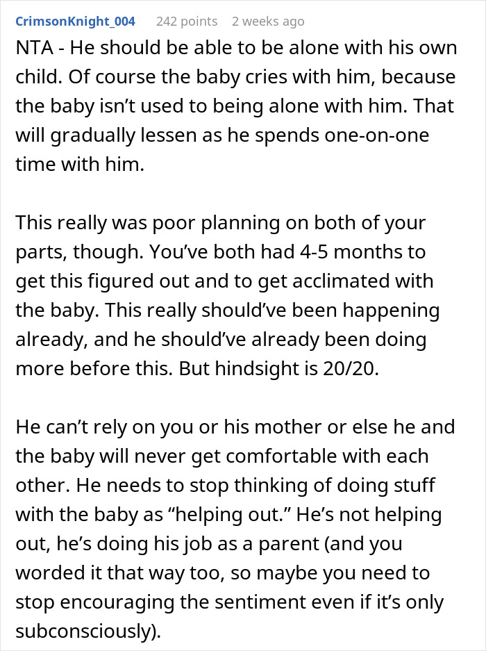 Text from a Reddit user advises husband to care for infant alone to bond and gain parenting confidence.