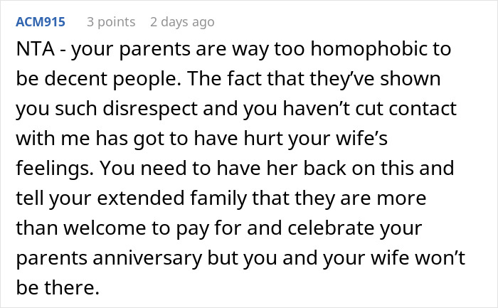 Comment discussing parental disrespect towards daughter's wife.