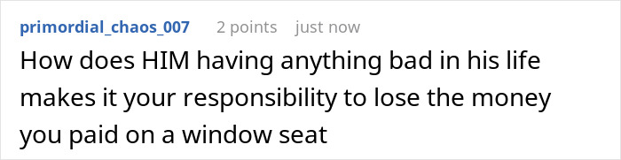 Comment questioning responsibility over losing a window seat payment.