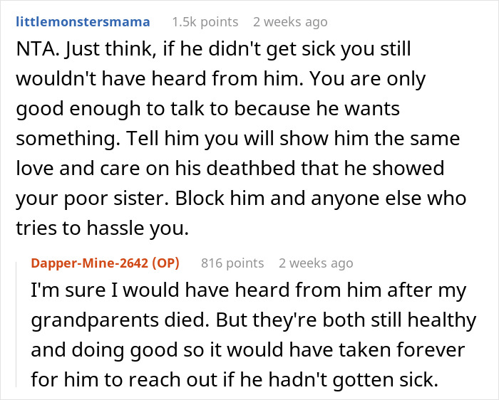 Reddit comments discussing a deadbeat father's family situation.