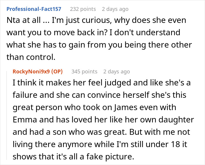 Reddit thread discussing a frustrated teen refusing to move back with a mom favoring troubled stepkid.