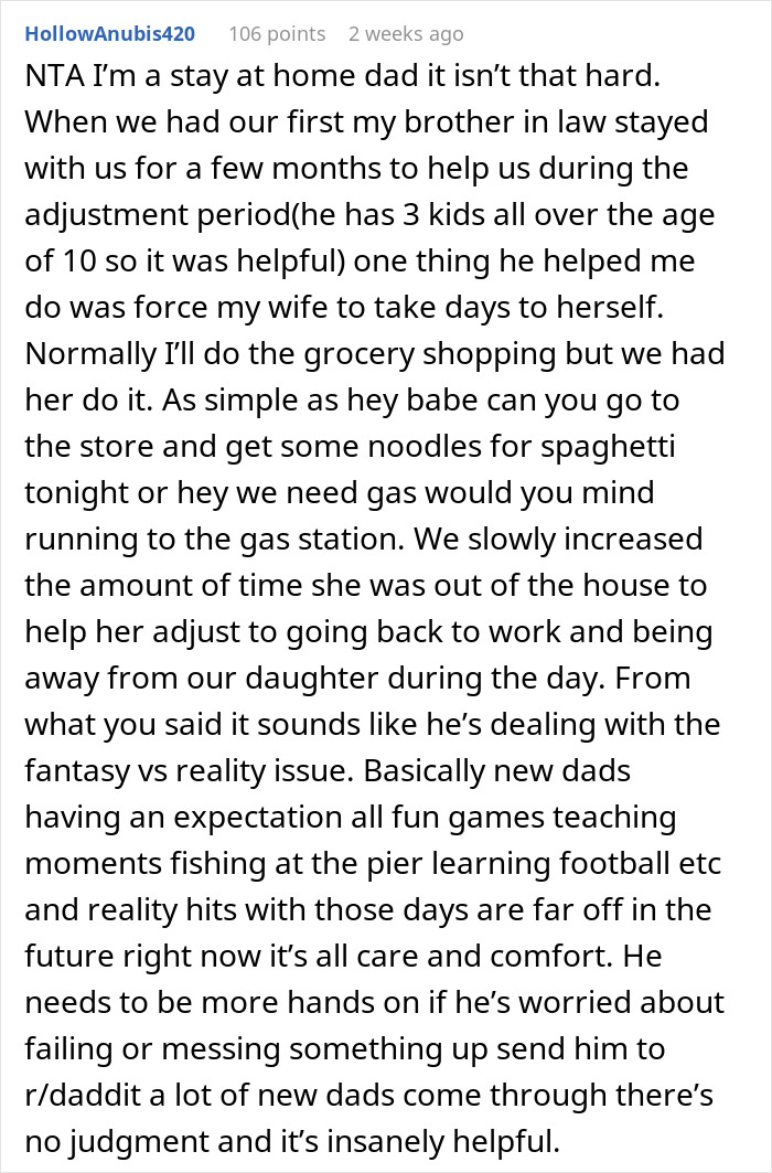 Reddit comment about husband learning to care for infant son without coddling, advice for new dads shared.