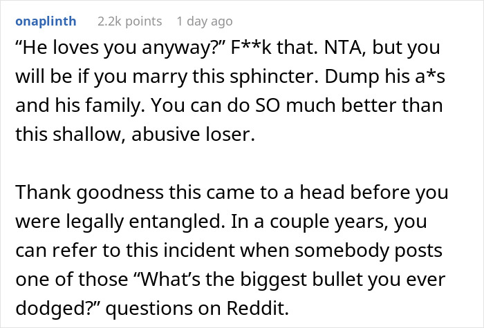 Reddit comment advising against marriage due to groom's stunning remark about a scar.