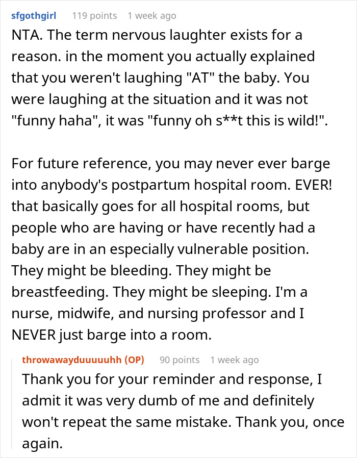 Reddit comments discussing nervous laughter and hospital etiquette after seeing a baby.