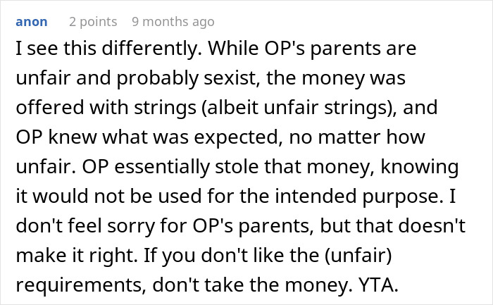 Reddit comment discussing wedding money, fairness, and eloping.