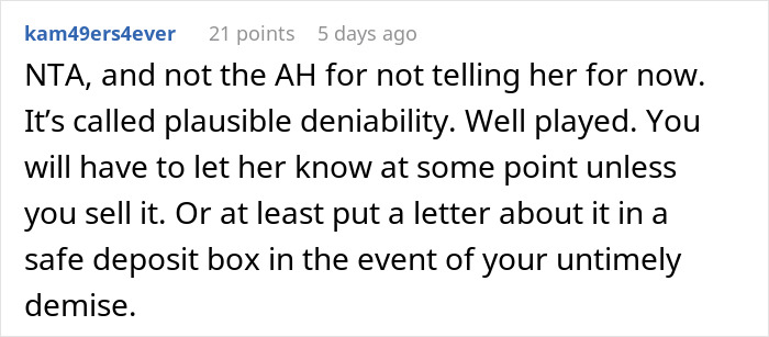 Reddit comment discussing plausible deniability in a decision about outbidding in-laws without informing a partner.