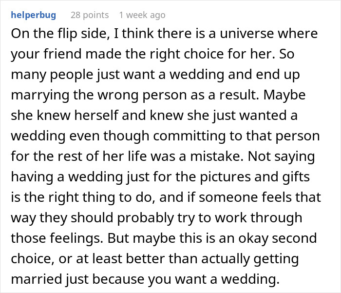 Text screenshot discussing fake weddings and their implications.