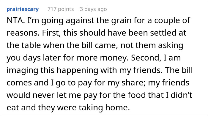 Reddit comment discussing a situation where a woman didn't pay for a friend's takeaway meal.