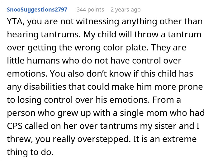 Reddit comment criticizing a woman for calling CPS due to toddler tantrums, suggesting the action was extreme.