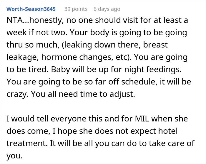 Screenshot of a Reddit comment discussing support needed post-birth and managing MIL expectations.