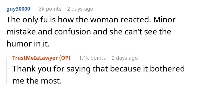 Reddit comments discussing a woman's reaction and humor at a food bank volunteer shift.