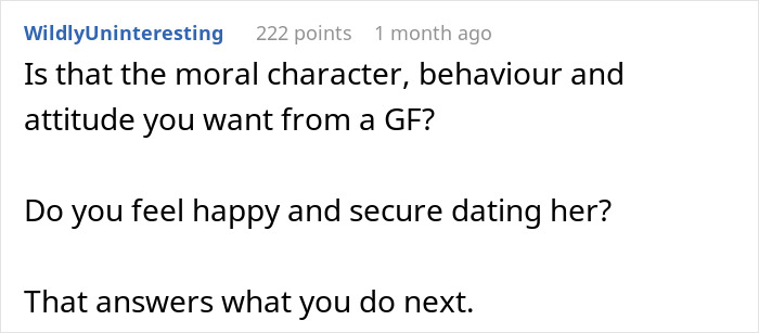 Comment questioning moral character and attitude of GF.