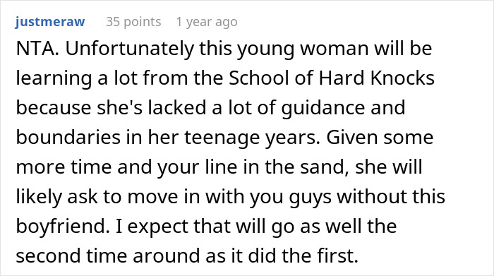 Reddit comment discussing an 18YO moving out and facing challenges, with opinions on boundaries and guidance.