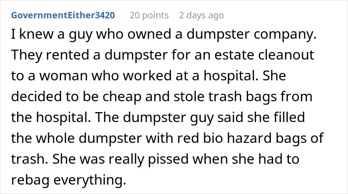 Text post about a dumpster company involving hospital trash bags and a customer complaint.