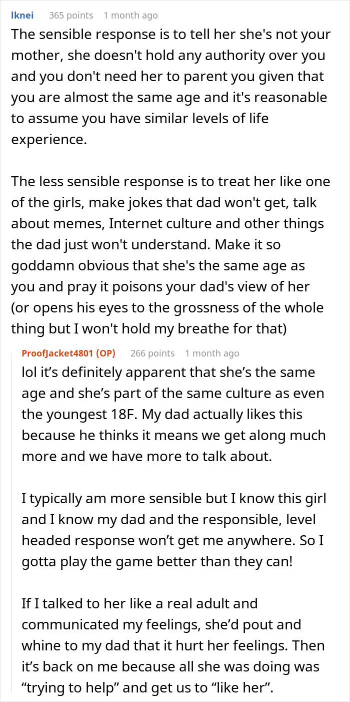 Reddit discussion on dad’s 25-year-old girlfriend parenting a 23-year-old, causing tension.