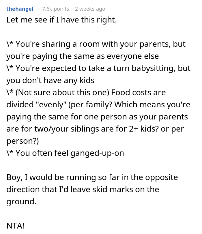 Text post discussing a childfree woman's concerns about sharing a room and babysitting obligations on a family trip.