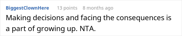 Comment discussing growing up and facing consequences in context of parent and anxious daughter scenario.