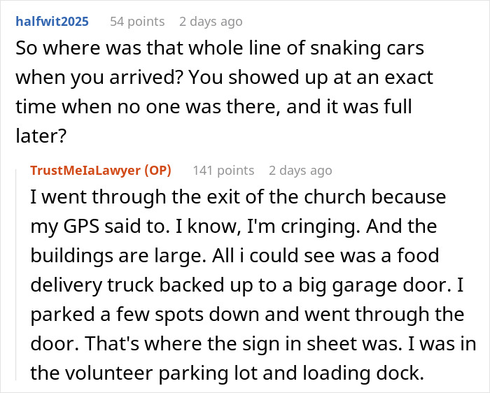 Reddit discussion about a person's humorous experience arriving at a food bank.