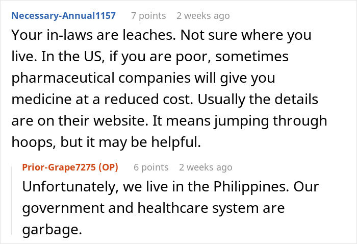 Text exchange discussing in-laws' financial expectations and healthcare system issues in the Philippines.