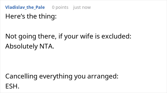 Reddit comment discussing family conflict over a canceled party involving disrespect towards a wife.