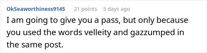 Comment on a forum discussing the partner outbidding in-laws, mentioning "velleity" and "gazumped.