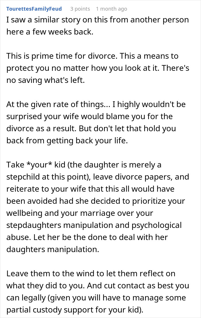 Reddit advice discussing stepdaughter's lies ruining a man's life, suggesting divorce and cutting contact for well-being.