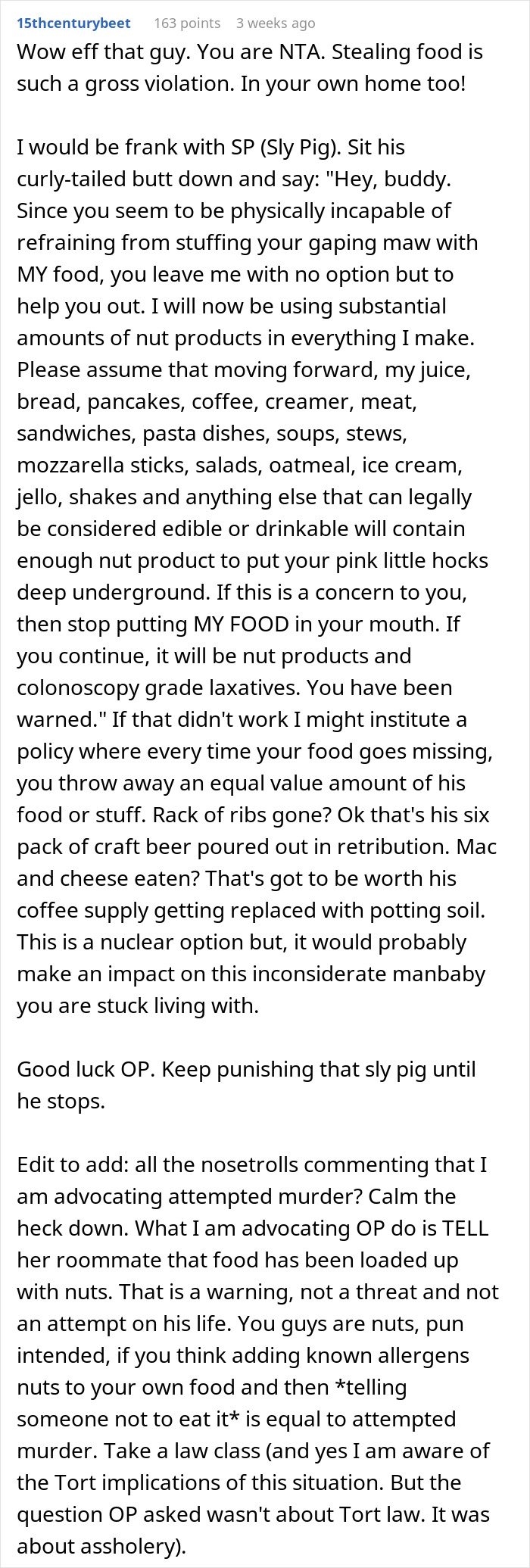 Reddit comment about a roommate's food allergies and revenge for eating her food.